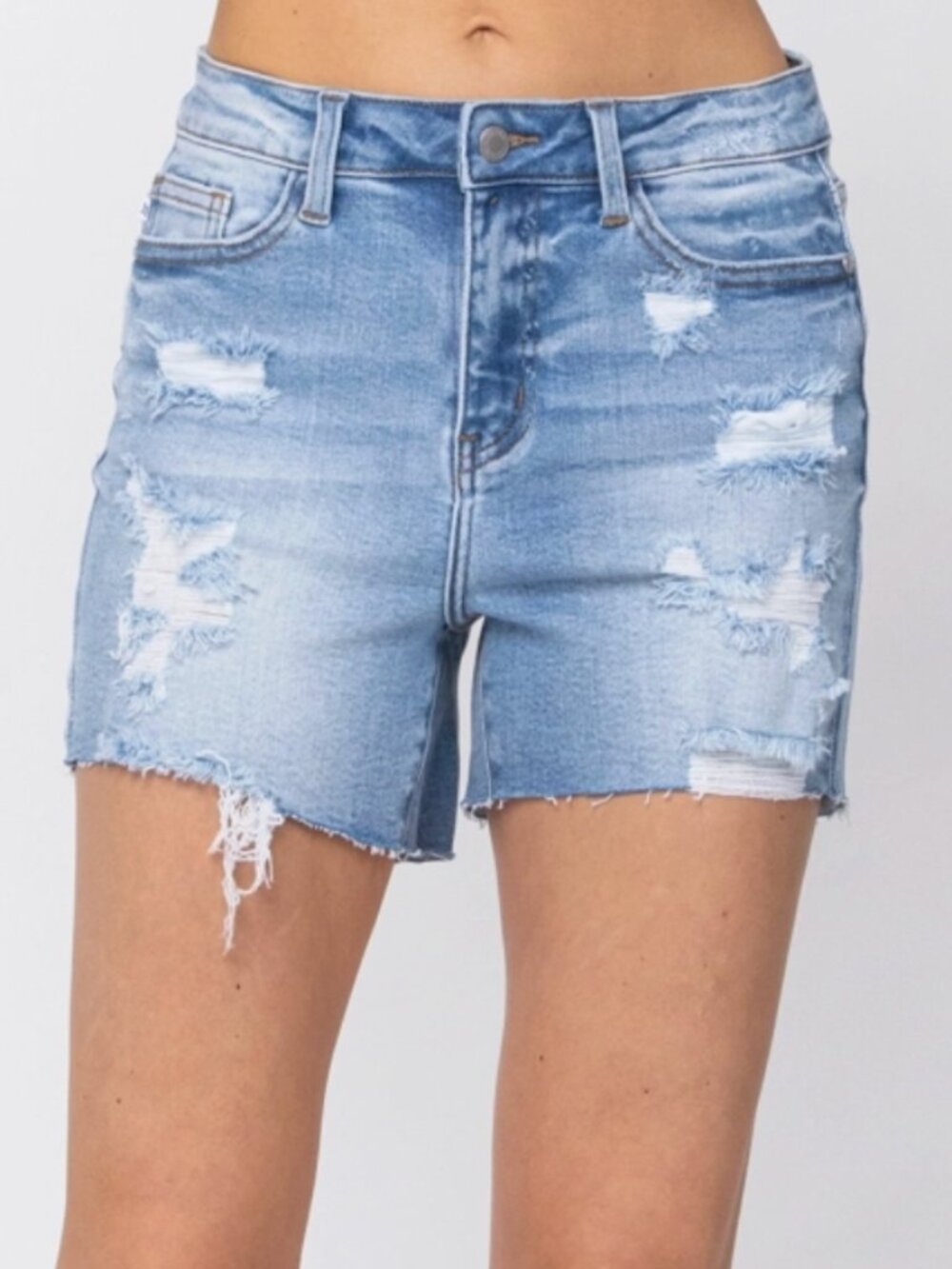 JUDY BLUE High-Rise Stretch Denim Shorts Size Distressed Blue XL 15 (32) NEW